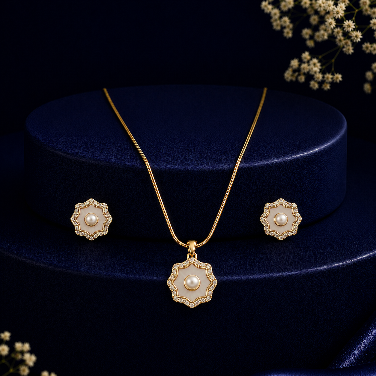Sovereign Freshwater Pearl & CZ Earrings & Pendant Set in Gold | Pearl Jewellery Set | Krishna Pearls & Jewellers