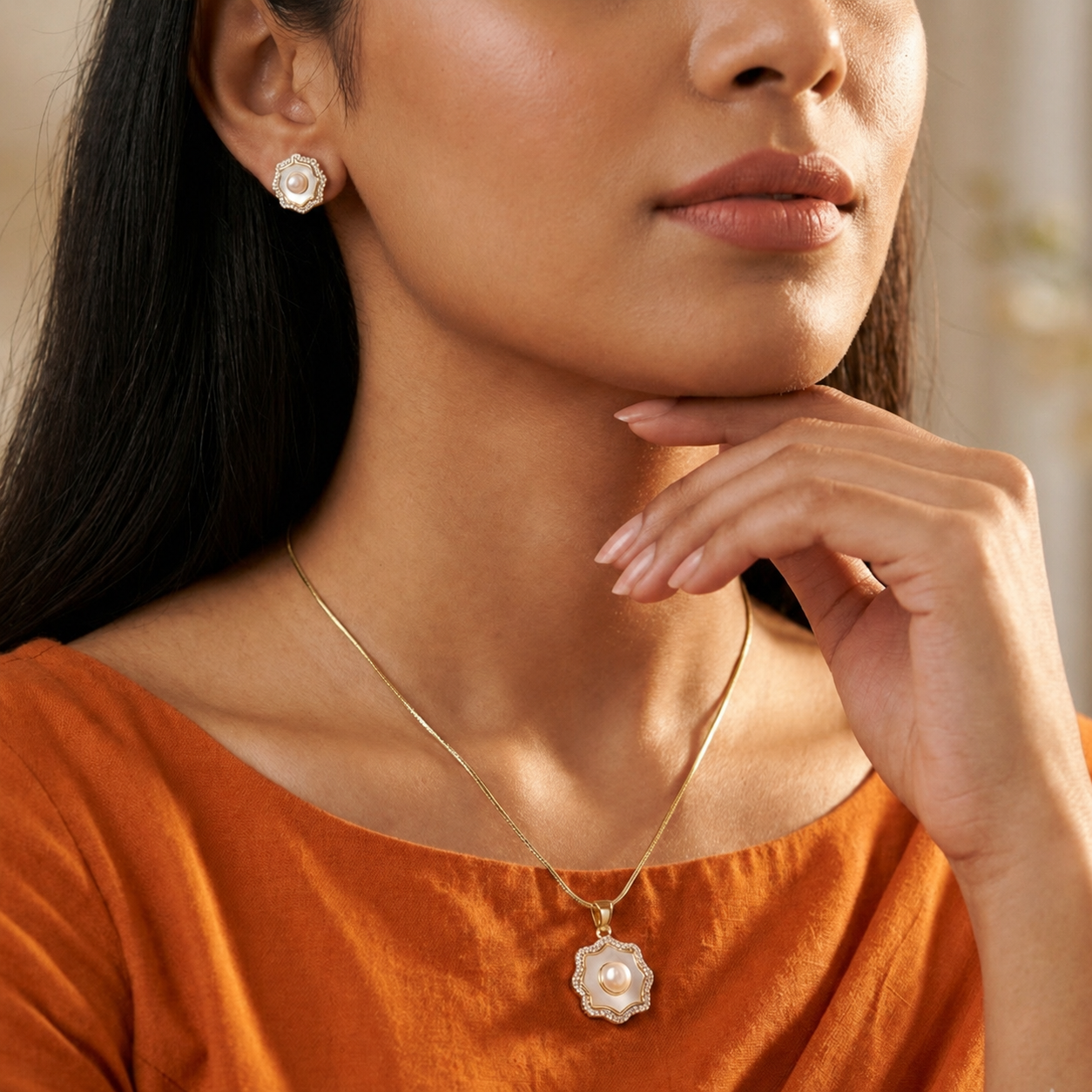 Sovereign Freshwater Pearl & CZ Earrings & Pendant Set in Gold | Pearl Jewellery Set | Krishna Pearls & Jewellers