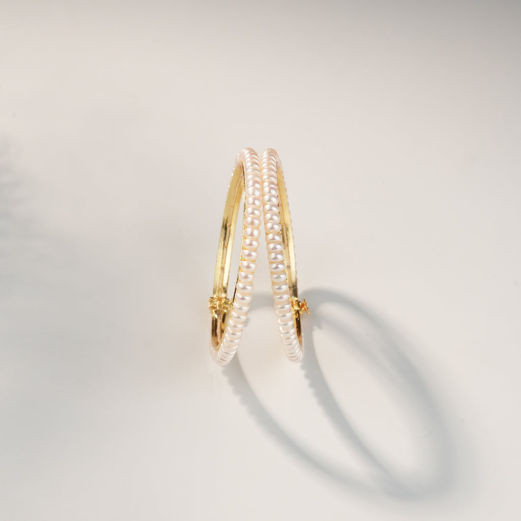 Freshwater Pearl Bangles Pair in Gold Finish | Elegant Pearl Kada Bangles for Women