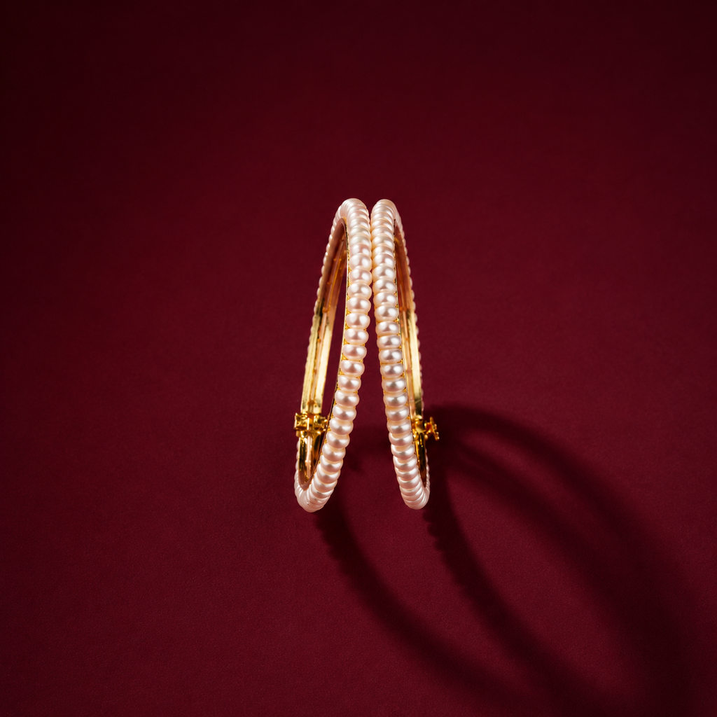 Freshwater Pearl Bangles Pair in Gold Finish | Elegant Pearl Kada Bangles for Women