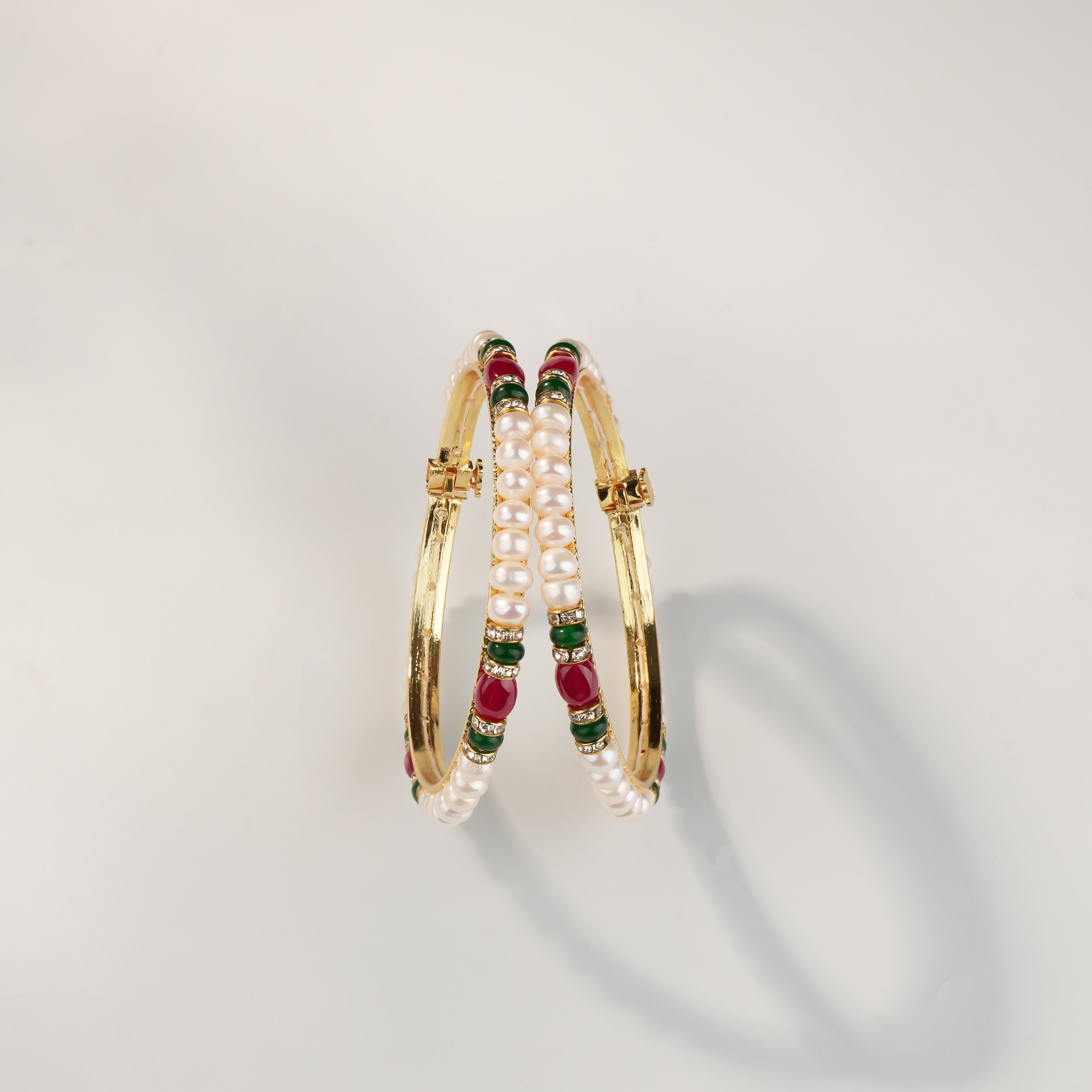 Freshwater Pearl Bangles Pair with Ruby like Red stone & Emerald like Green Stone Accents | Traditional Designer Pearl Kada Bangles for Women