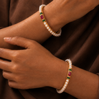 Freshwater Pearl Bangles Pair with Ruby like Red stone & Emerald like Green Stone Accents | Traditional Designer Pearl Kada Bangles for Women