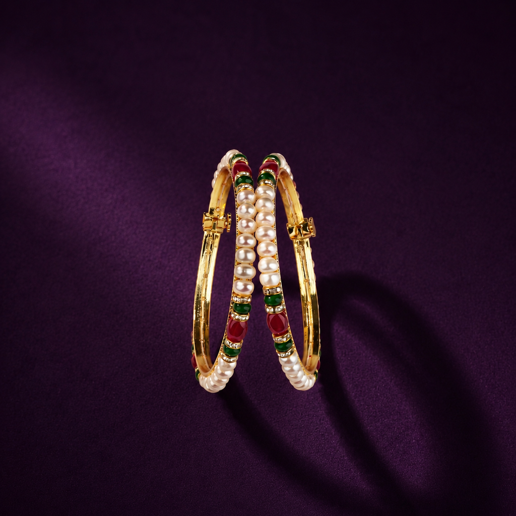 Freshwater Pearl Bangles Pair with Ruby like Red stone & Emerald like Green Stone Accents | Traditional Designer Pearl Kada Bangles for Women
