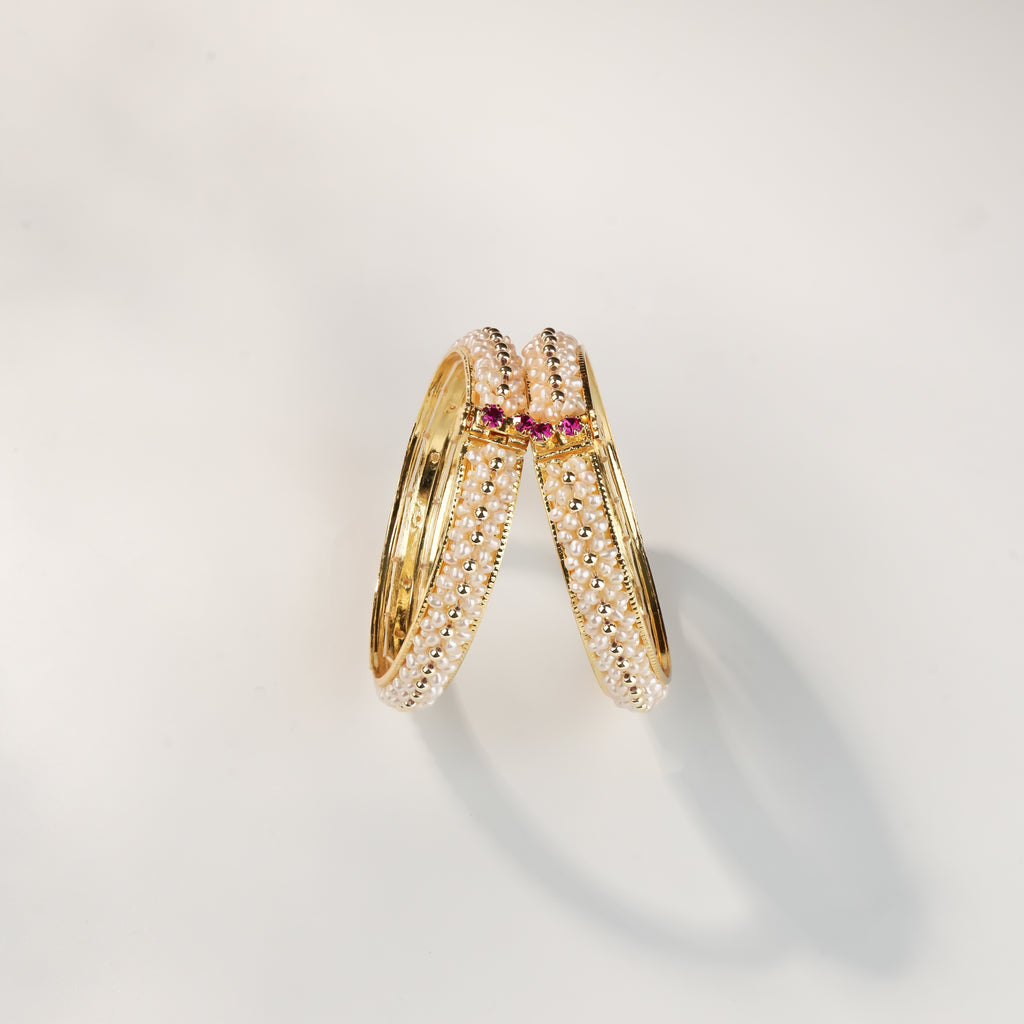 Freshwater Pearl Bangles Set with Pink Stone Accents | Designer Gold Finish Pearl Kada Bangles for Women
