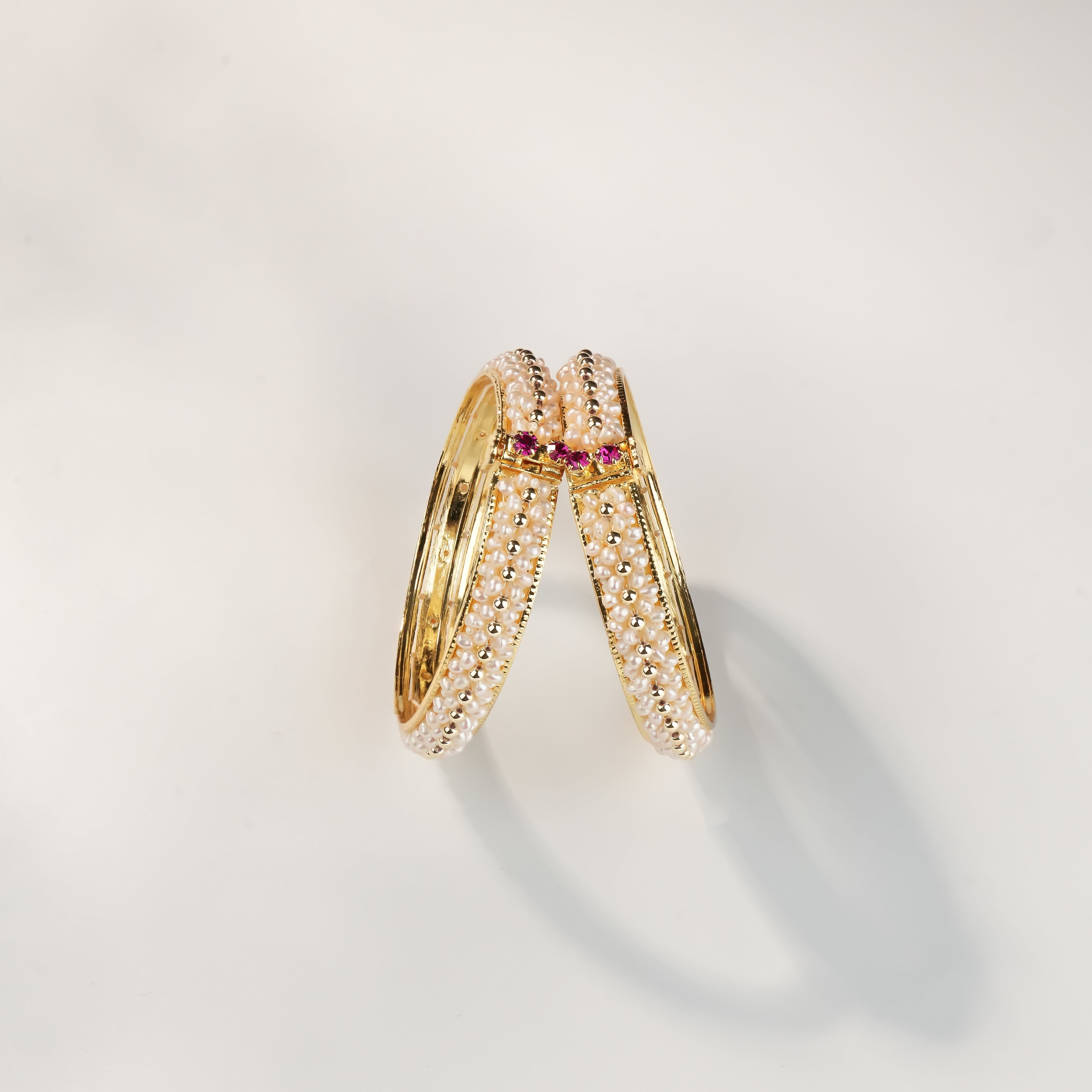 Freshwater Pearl Bangles Set with Pink Stone Accents | Designer Gold Finish Pearl Kada Bangles for Women