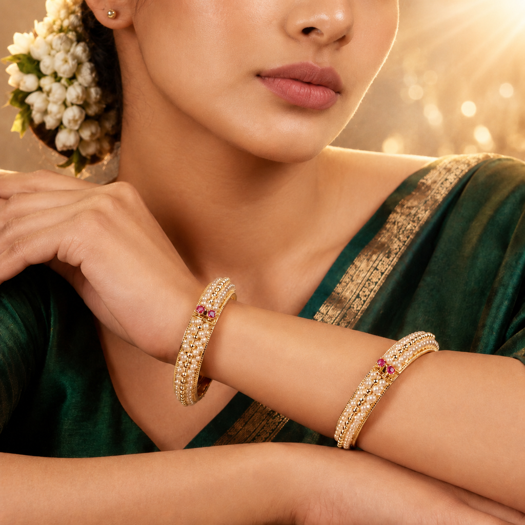 Freshwater Pearl Bangles Set with Pink Stone Accents | Designer Gold Finish Pearl Kada Bangles for Women