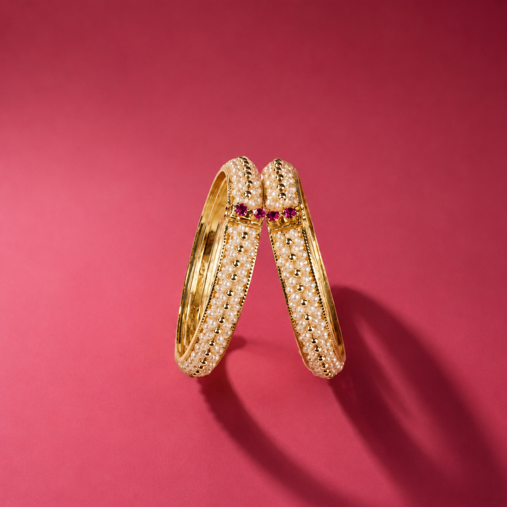 Freshwater Pearl Bangles Set with Pink Stone Accents | Designer Gold Finish Pearl Kada Bangles for Women
