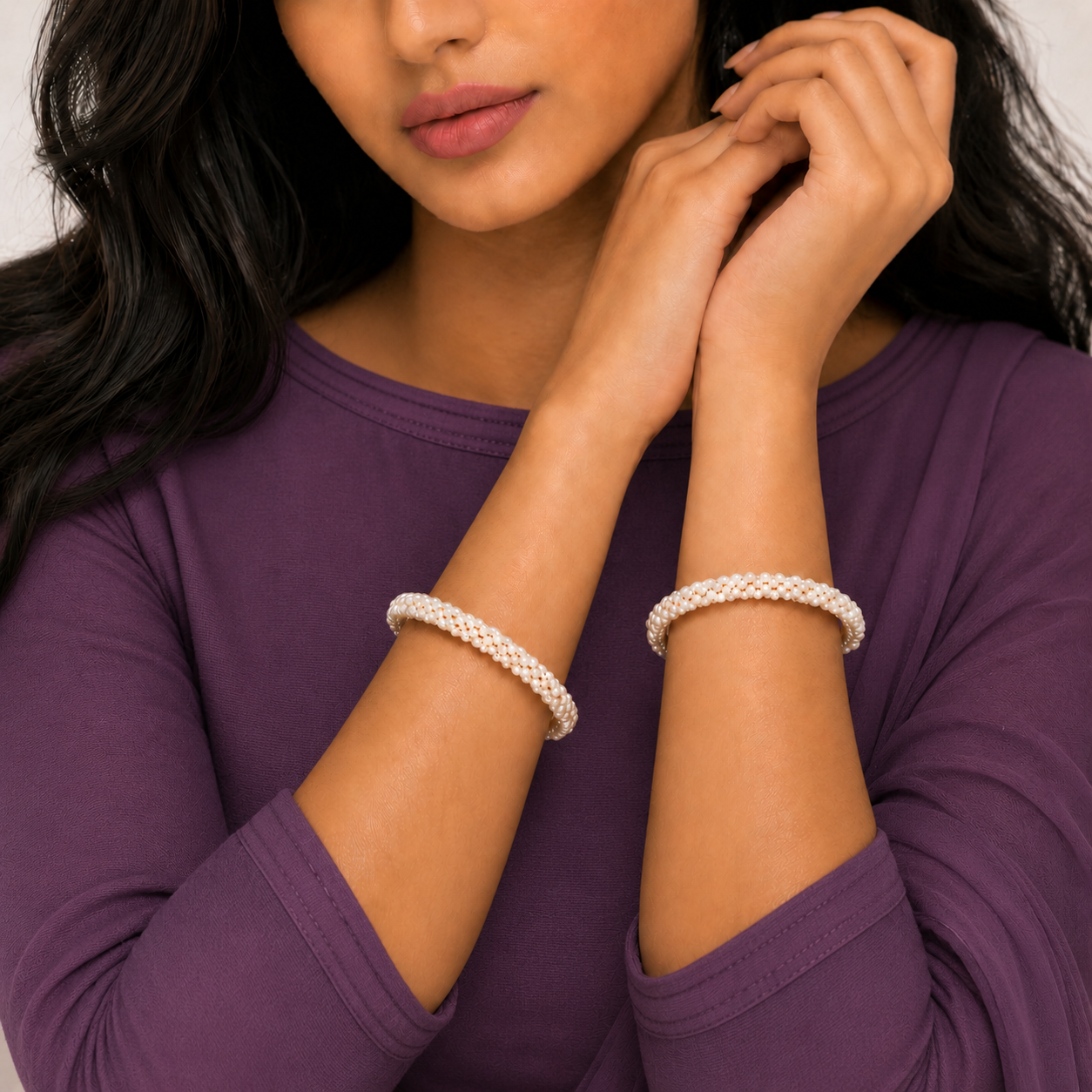 White Pearl Bangles with Gold-Tone Ends –