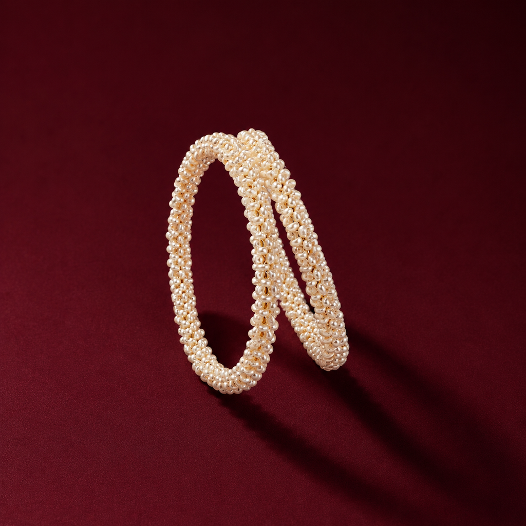 Handcrafted Freshwater Baldar Pearl Bangles Set | Premium Woven White Pearl Bangles Pair