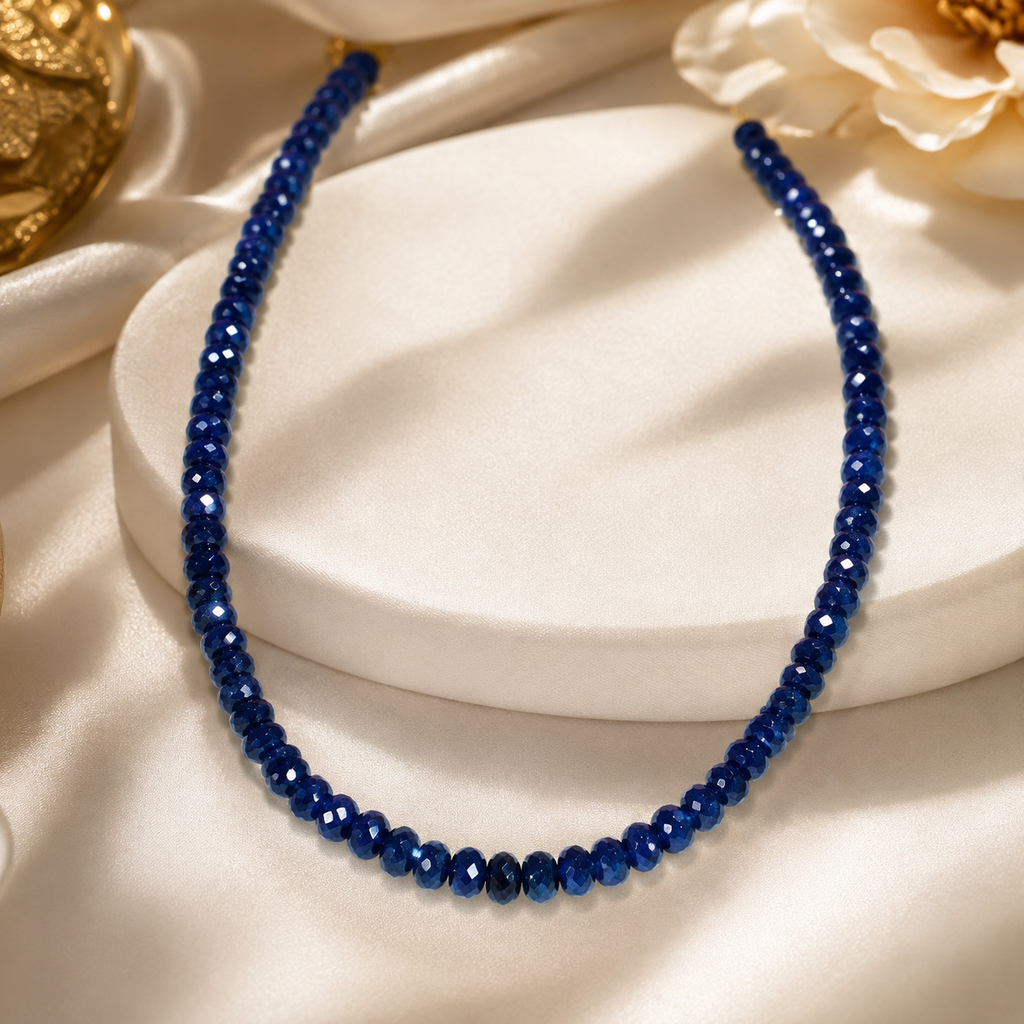 Elegant Blue Sapphire Beaded Necklace for Women | Faceted Sapphire Blue Sapphire cut Gemstone Style Necklace - Krishna Pearls and Jewellers