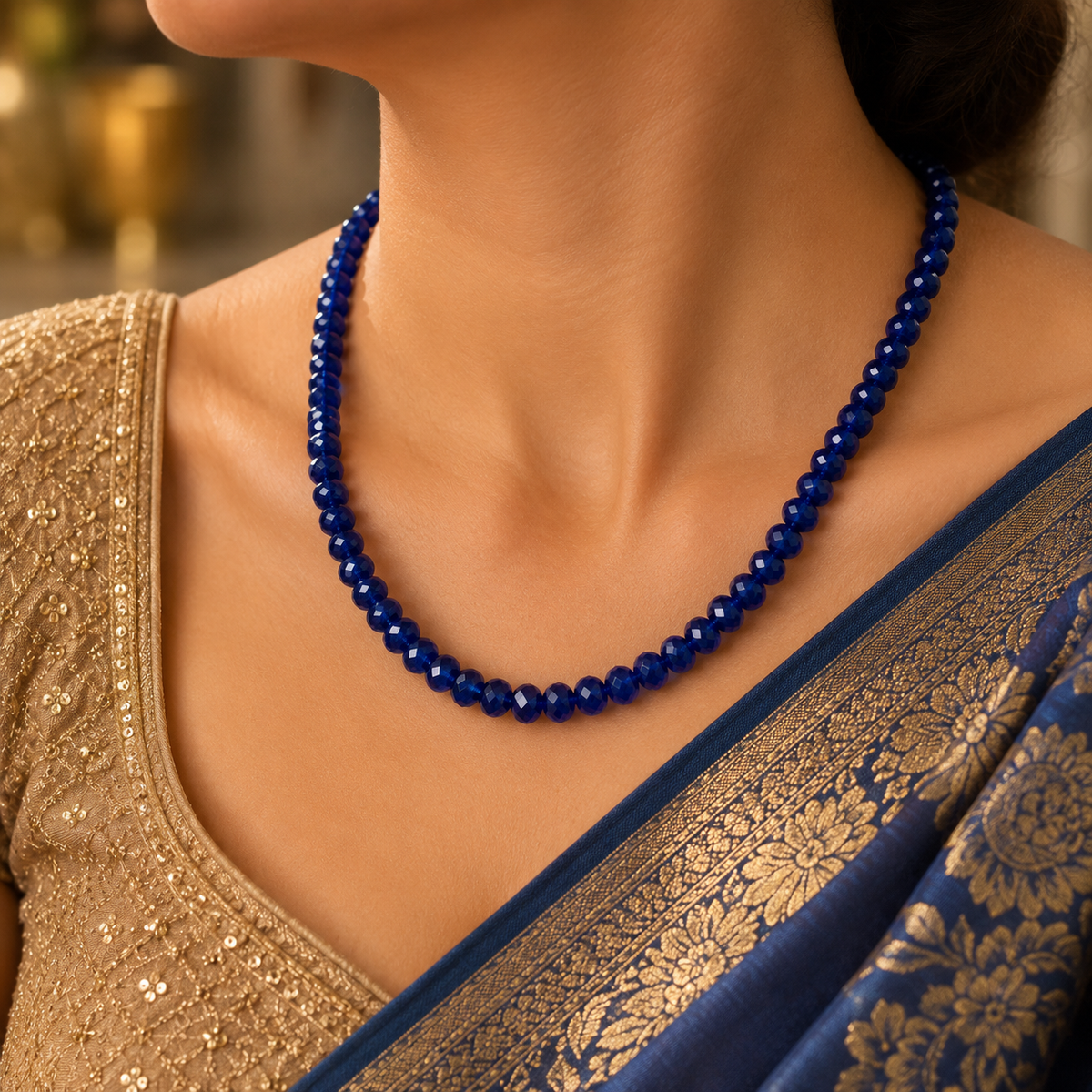 Elegant Blue Sapphire Beaded Necklace for Women | Faceted Sapphire Blue Sapphire cut Gemstone Style Necklace - Krishna Pearls and Jewellers
