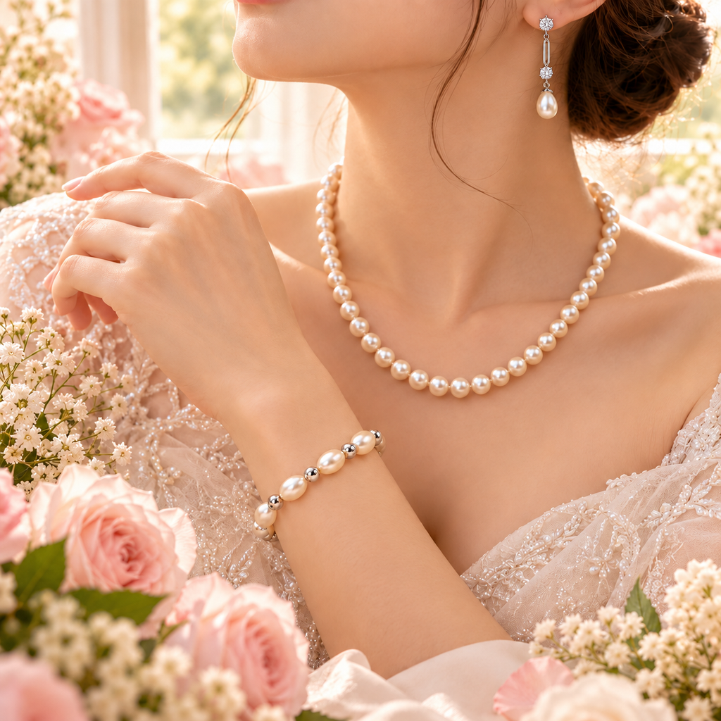 Pearl Necklace, Earrings & Bracelet Set for Women | Elegant 3-Piece Pearl Jewellery Set | Krishna Pearls and Jewellers