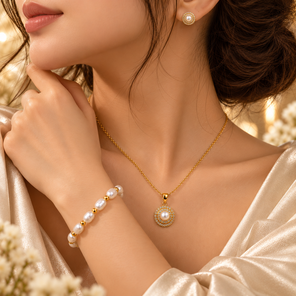 Pearl Bracelet, Pendant & Stud Earrings Set for Women | Elegant Gold-Tone Circular Pearl Jewellery Set | Krishna Pearls and Jewellers