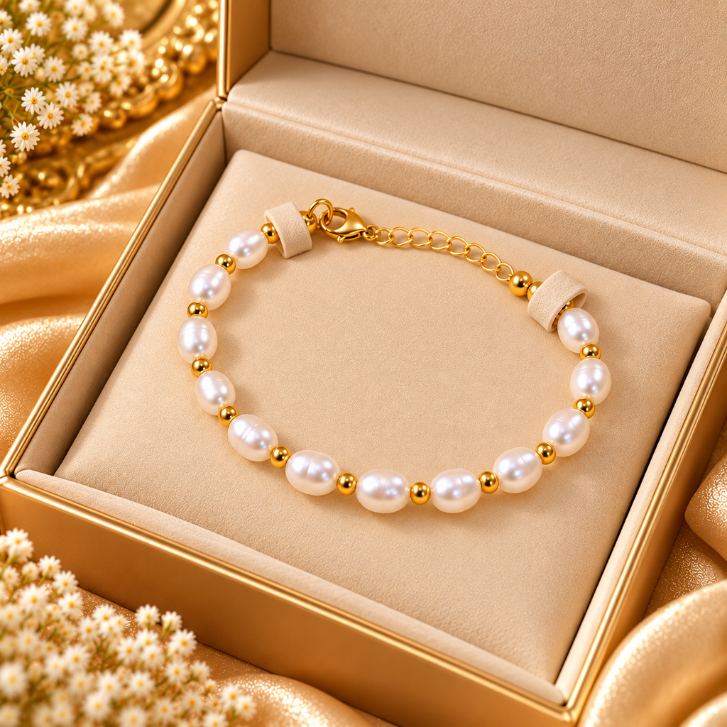 Pearl Bracelet, Pendant & Stud Earrings Set for Women | Elegant Gold-Tone Circular Pearl Jewellery Set | Krishna Pearls and Jewellers
