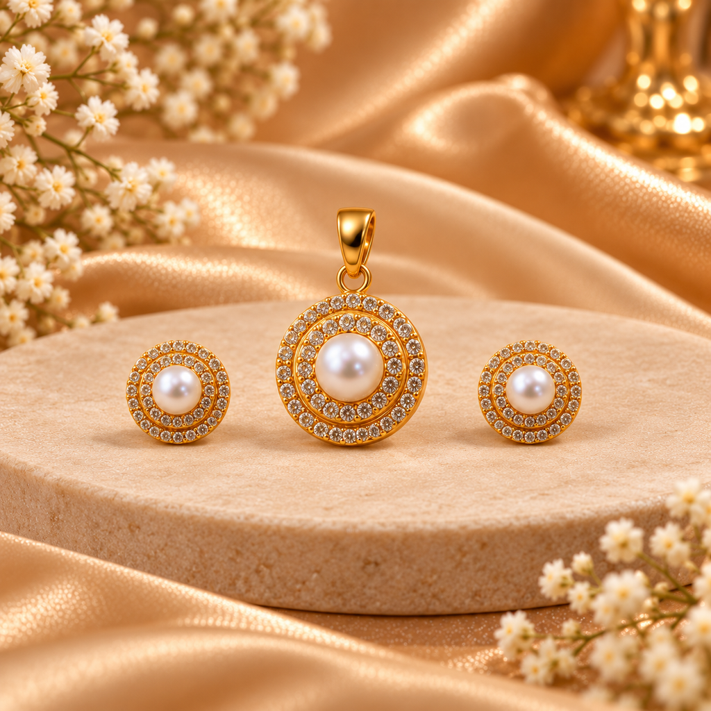 Pearl Bracelet, Pendant & Stud Earrings Set for Women | Elegant Gold-Tone Circular Pearl Jewellery Set | Krishna Pearls and Jewellers