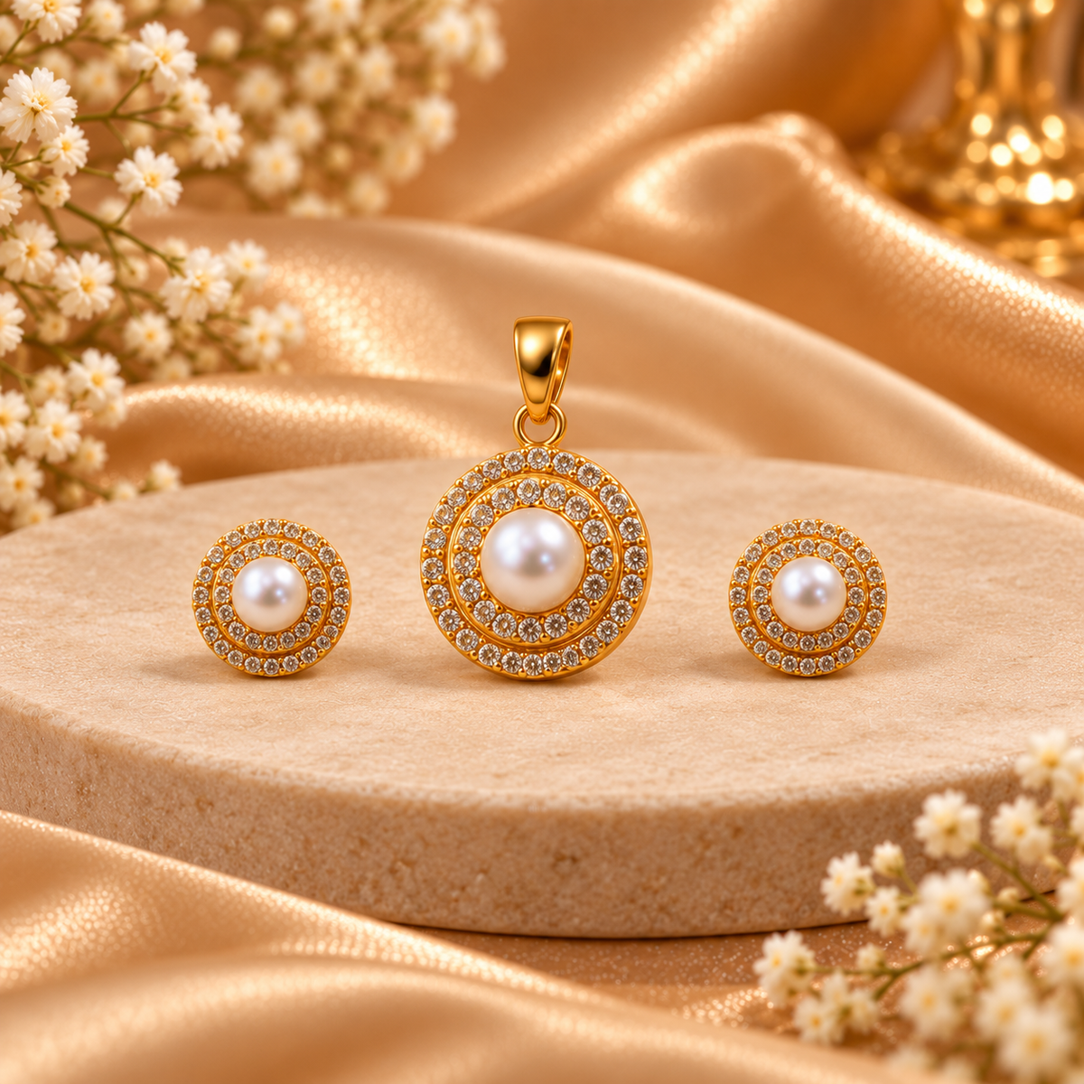 Pearl Bracelet, Pendant & Stud Earrings Set for Women | Elegant Gold-Tone Circular Pearl Jewellery Set | Krishna Pearls and Jewellers