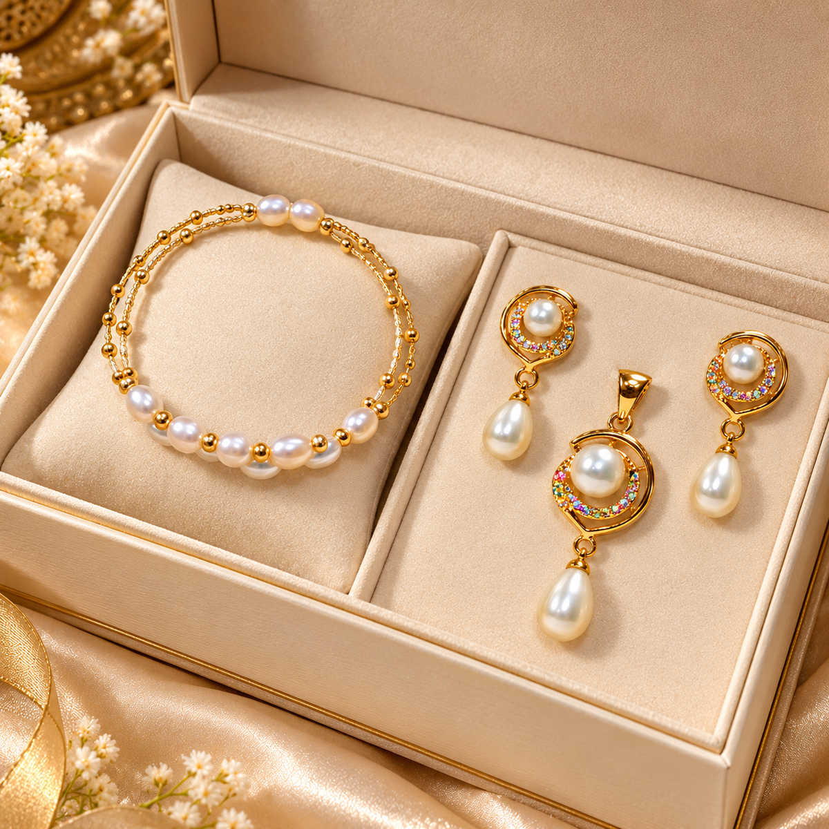 Pearl Bracelet, Pendant & Earrings Jewellery Set for Women | Elegant Gold-Tone Pearl Combination Set | Krishna Pearls and Jewellers