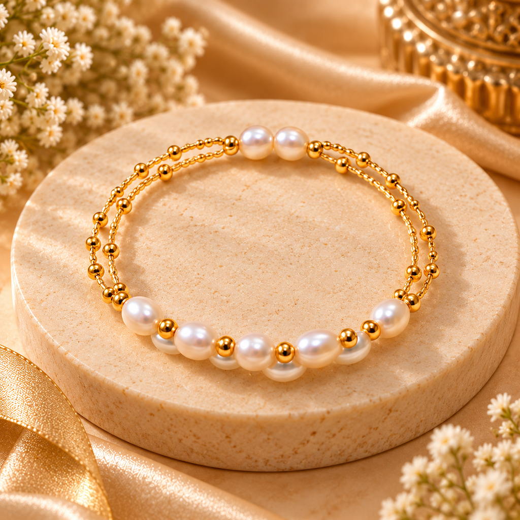 Pearl Bracelet, Pendant & Earrings Jewellery Set for Women | Elegant Gold-Tone Pearl Combination Set | Krishna Pearls and Jewellers