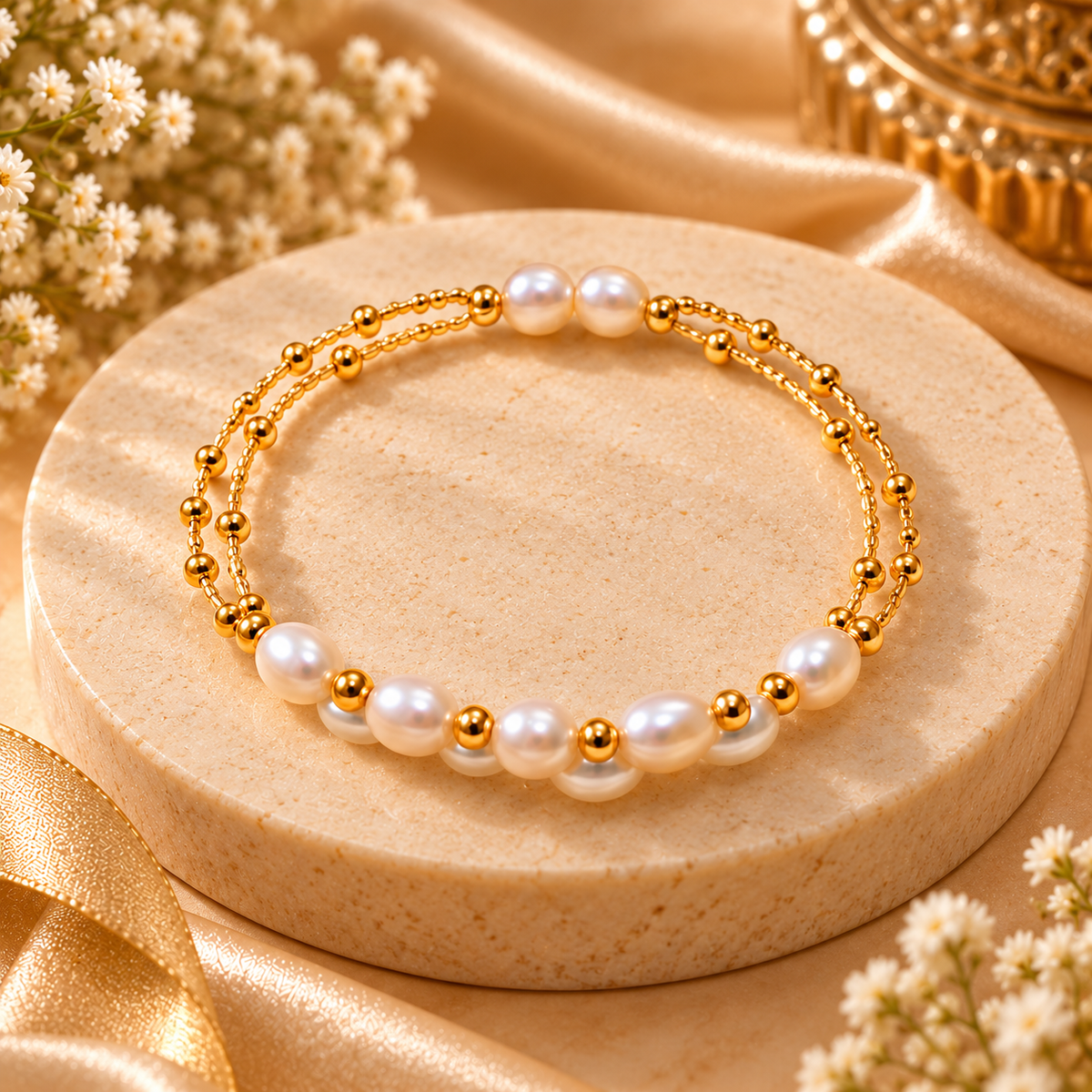 Pearl Bracelet, Pendant & Earrings Jewellery Set for Women | Elegant Gold-Tone Pearl Combination Set | Krishna Pearls and Jewellers