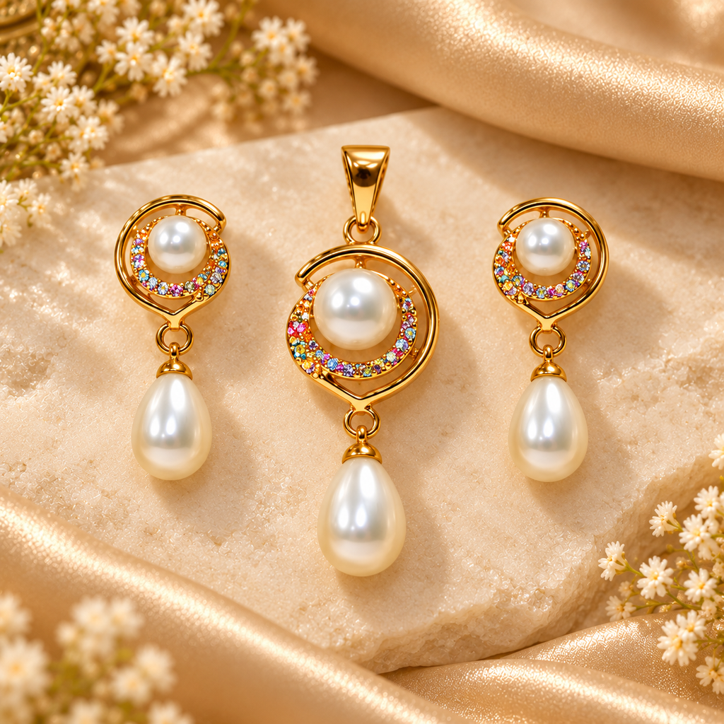 Pearl Bracelet, Pendant & Earrings Jewellery Set for Women | Elegant Gold-Tone Pearl Combination Set | Krishna Pearls and Jewellers