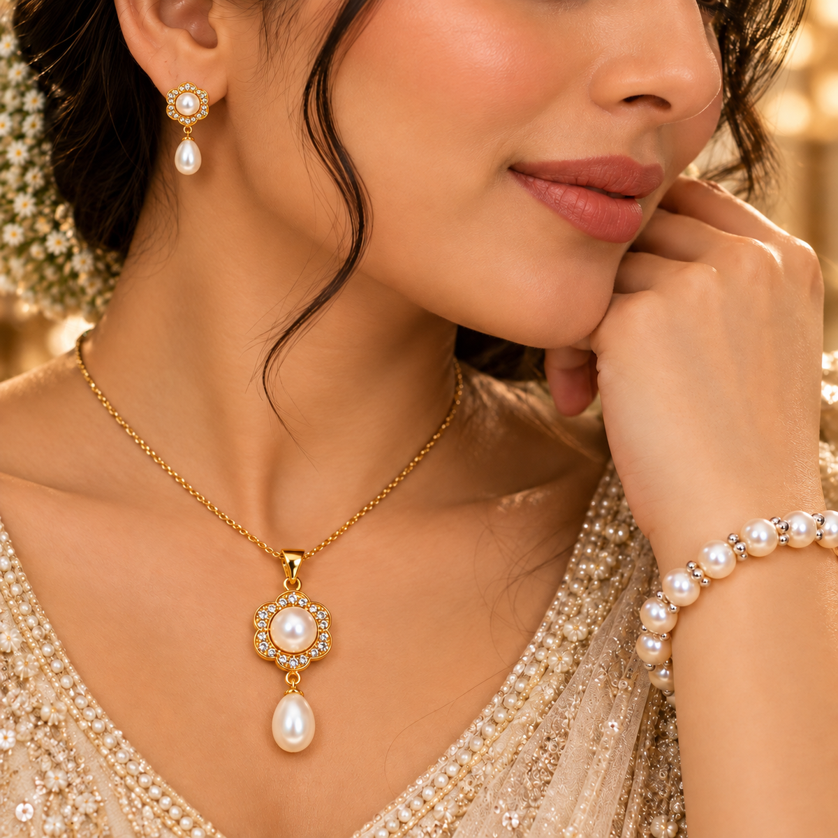 Pearl Pendant Necklace, Earrings & Bracelet Set for Women | Elegant Floral Pearl Jewellery Set | Krishna Pearls and Jewellers