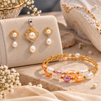 Floral Pearl Pendant, Stud Earrings & Bracelet Set for Women | Elegant Gold-Tone Pearl Jewellery Set | Krishna Pearls and Jewellers