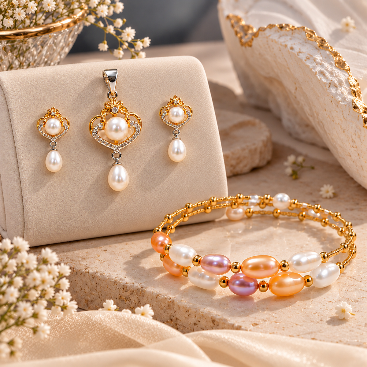 Floral Pearl Pendant, Stud Earrings & Bracelet Set for Women | Elegant Gold-Tone Pearl Jewellery Set | Krishna Pearls and Jewellers