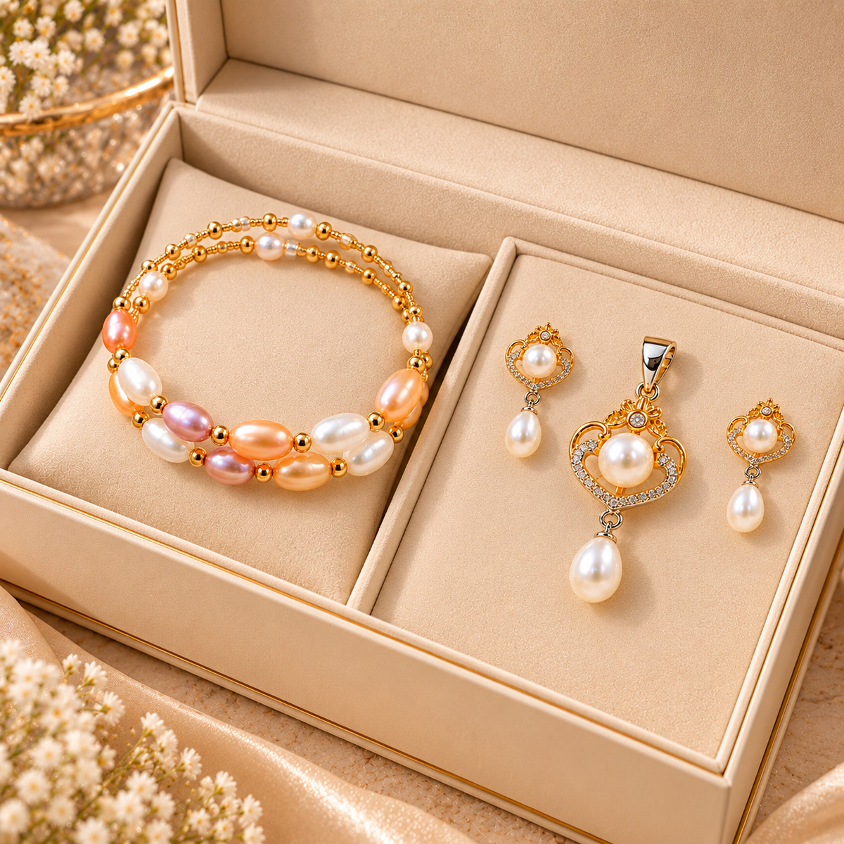 Floral Pearl Pendant, Stud Earrings & Bracelet Set for Women | Elegant Gold-Tone Pearl Jewellery Set | Krishna Pearls and Jewellers