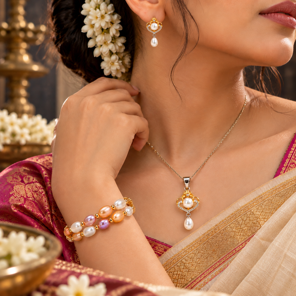 Floral Pearl Pendant, Stud Earrings & Bracelet Set for Women | Elegant Gold-Tone Pearl Jewellery Set | Krishna Pearls and Jewellers