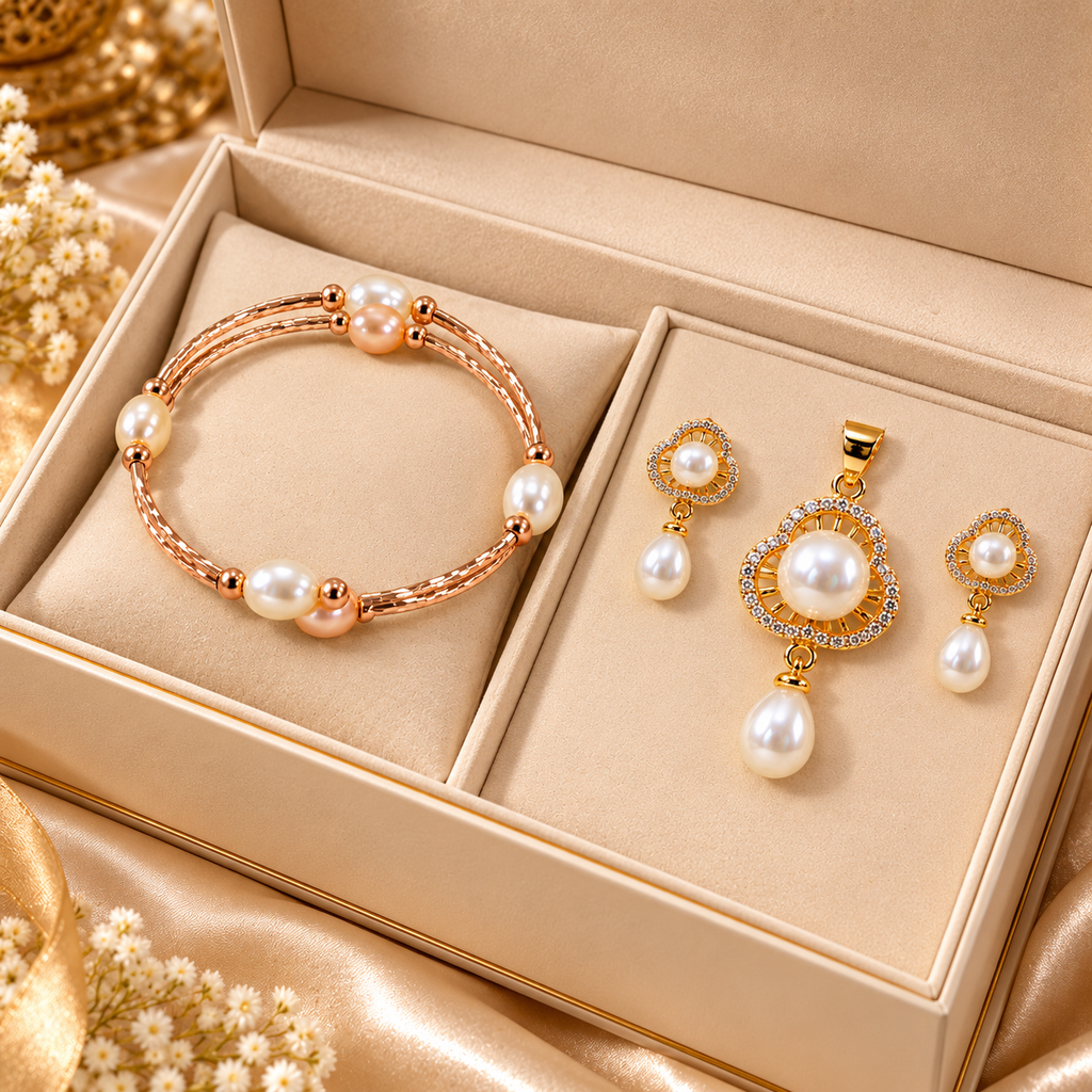 Pearl Bracelet, Pendant & Stud Earrings Set for Women | Elegant Gold-Tone Floral Pearl Jewellery Set | Krishna Pearls and Jewellers
