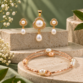 Pearl Bracelet, Pendant & Stud Earrings Set for Women | Elegant Gold-Tone Floral Pearl Jewellery Set | Krishna Pearls and Jewellers