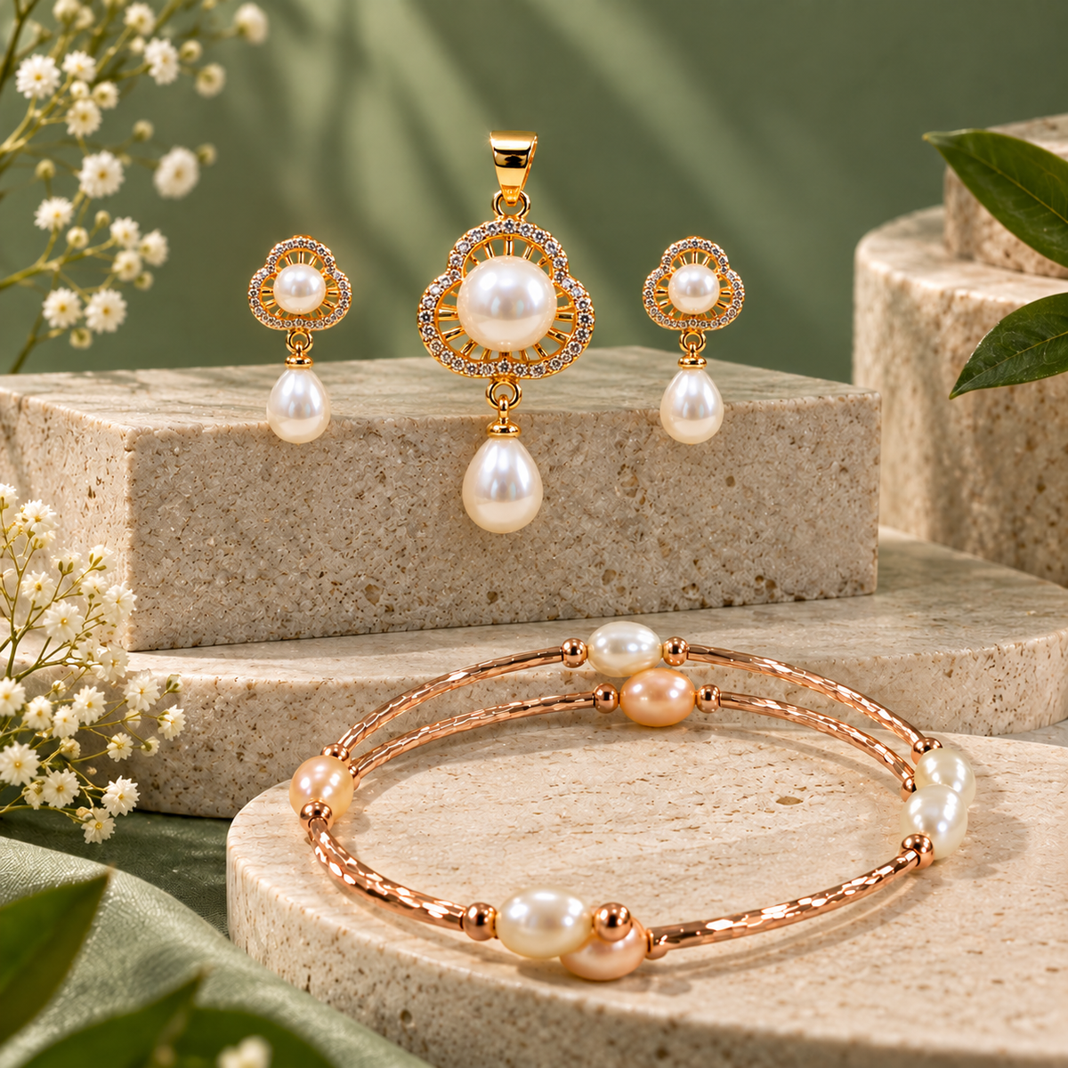 Pearl Bracelet, Pendant & Stud Earrings Set for Women | Elegant Gold-Tone Floral Pearl Jewellery Set | Krishna Pearls and Jewellers