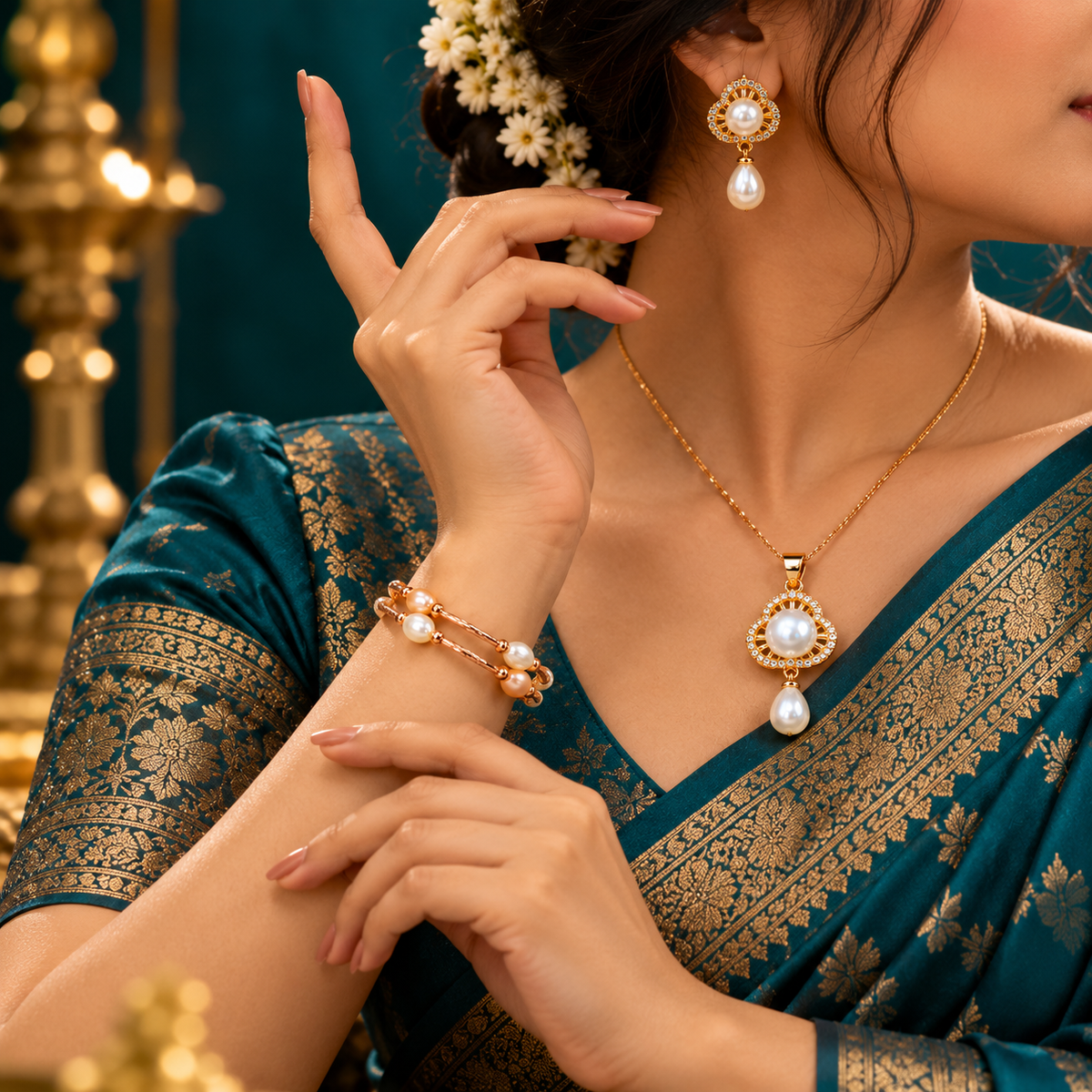 Pearl Bracelet, Pendant & Stud Earrings Set for Women | Elegant Gold-Tone Floral Pearl Jewellery Set | Krishna Pearls and Jewellers