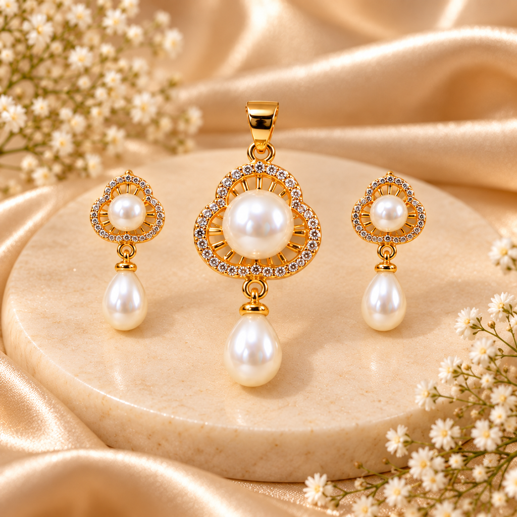 Pearl Bracelet, Pendant & Stud Earrings Set for Women | Elegant Gold-Tone Floral Pearl Jewellery Set | Krishna Pearls and Jewellers