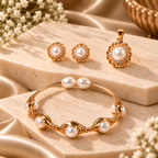 Pearl Bracelet, Pendant & Earrings Set for Women | Elegant Gold-Tone Pearl Jewellery Set | Krishna Pearls and Jewellers