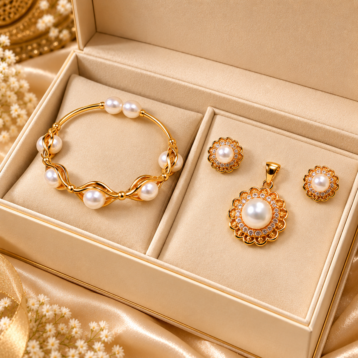 Pearl Bracelet, Pendant & Earrings Set for Women | Elegant Gold-Tone Pearl Jewellery Set | Krishna Pearls and Jewellers