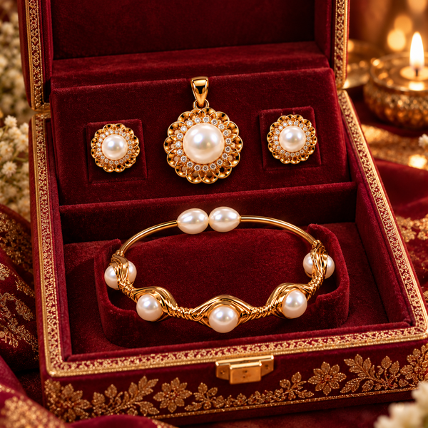 Pearl Bracelet, Pendant & Earrings Set for Women | Elegant Gold-Tone Pearl Jewellery Set | Krishna Pearls and Jewellers