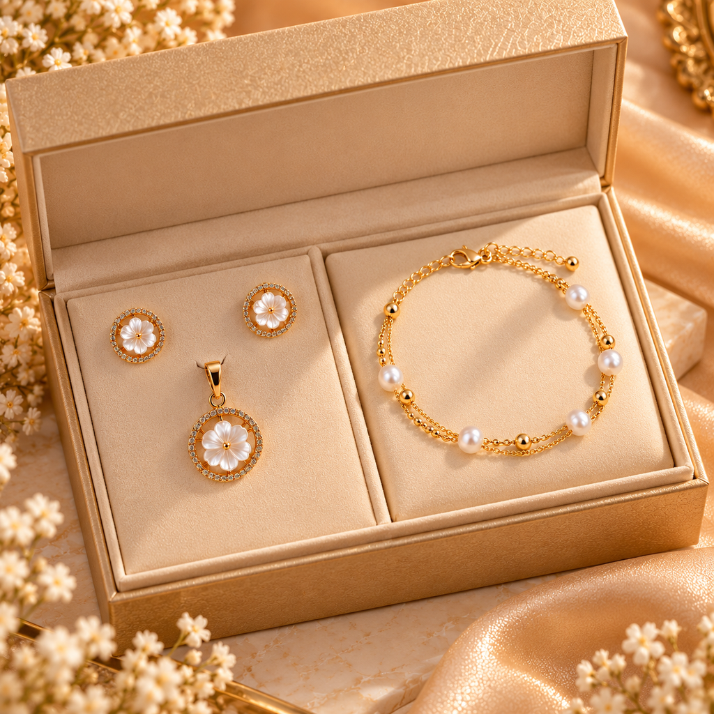 Multicolour Pearl Bracelet, Pendant & Earrings Set for Women | Elegant Pearl Jewellery Combination Set | Krishna Pearls and Jewellers