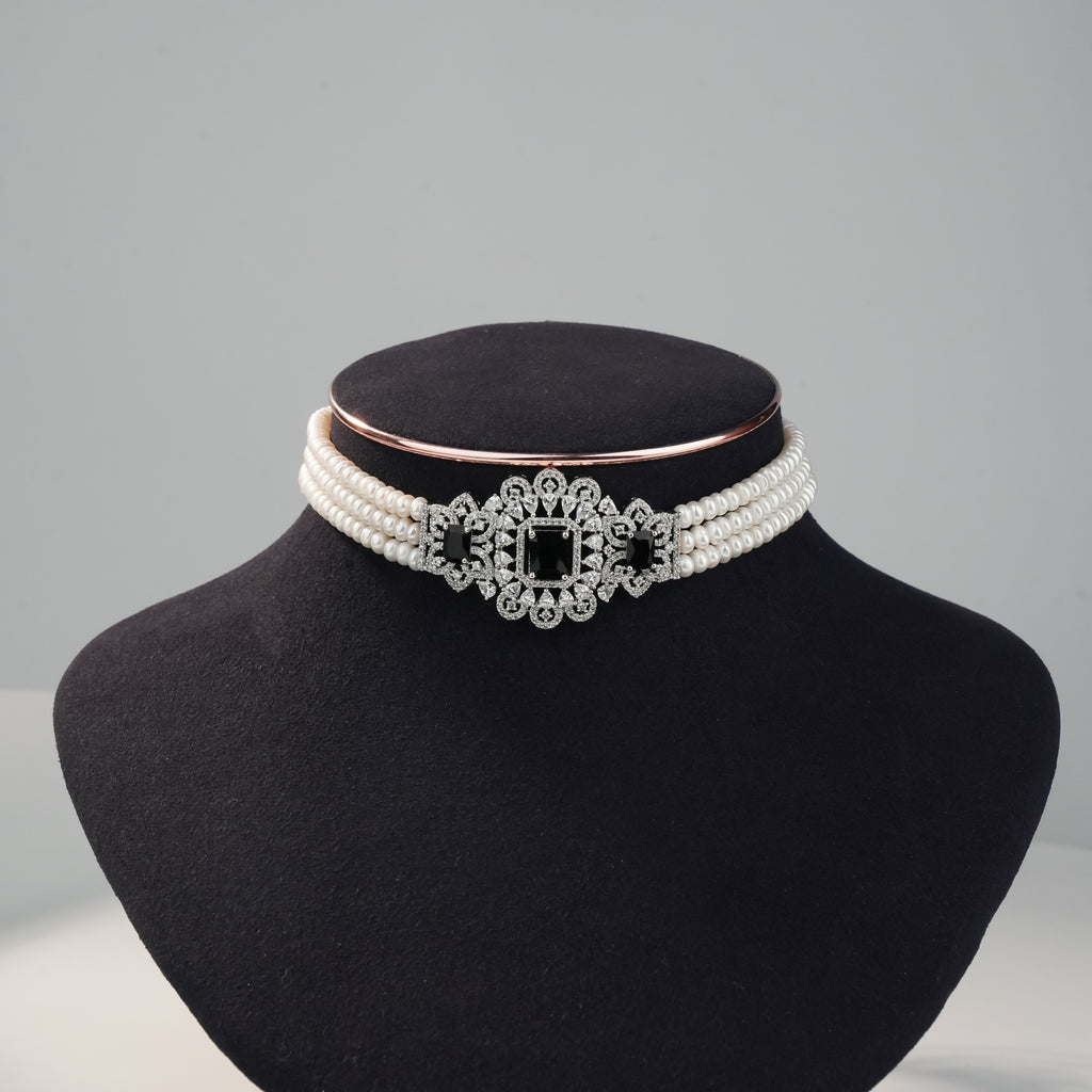 3-Layer Freshwater Pearl Choker Set with Black Crystal Statement Centerpiece & Matching Earrings | Luxury Bridal Pearl Jewellery Set