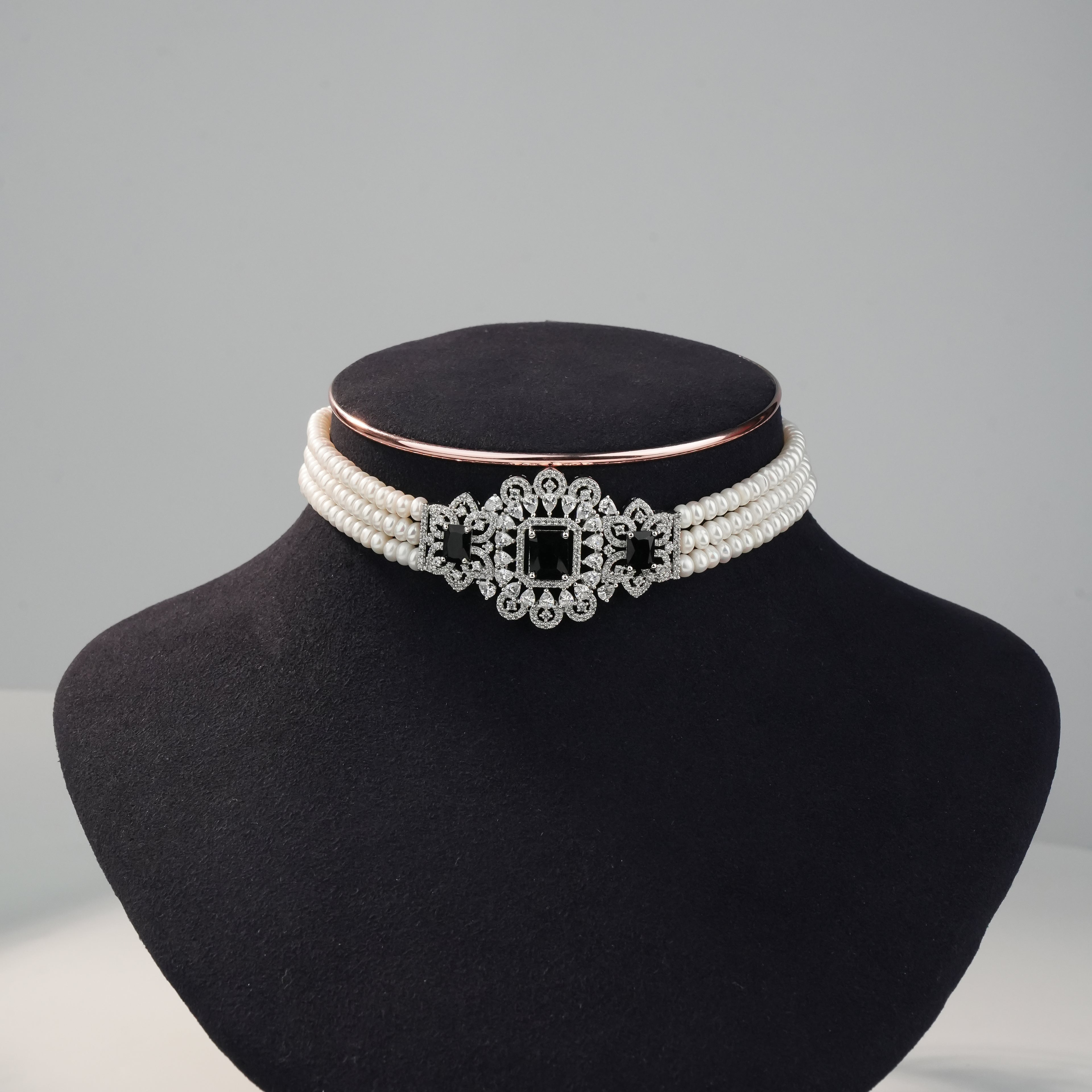 3-Layer Freshwater Pearl Choker Set with Black Crystal Statement Centerpiece & Matching Earrings | Luxury Bridal Pearl Jewellery Set