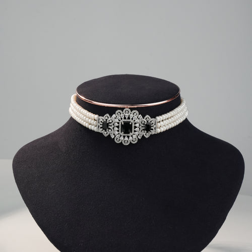 3-Layer Freshwater Pearl Choker Set with Black Crystal Statement Centerpiece & Matching Earrings | Luxury Bridal Pearl Jewellery Set