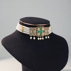 Freshwater Pearl Choker Set with Green Gemstone Centerpiece & Matching Earrings | Bridal Designer Pearl Jewellery