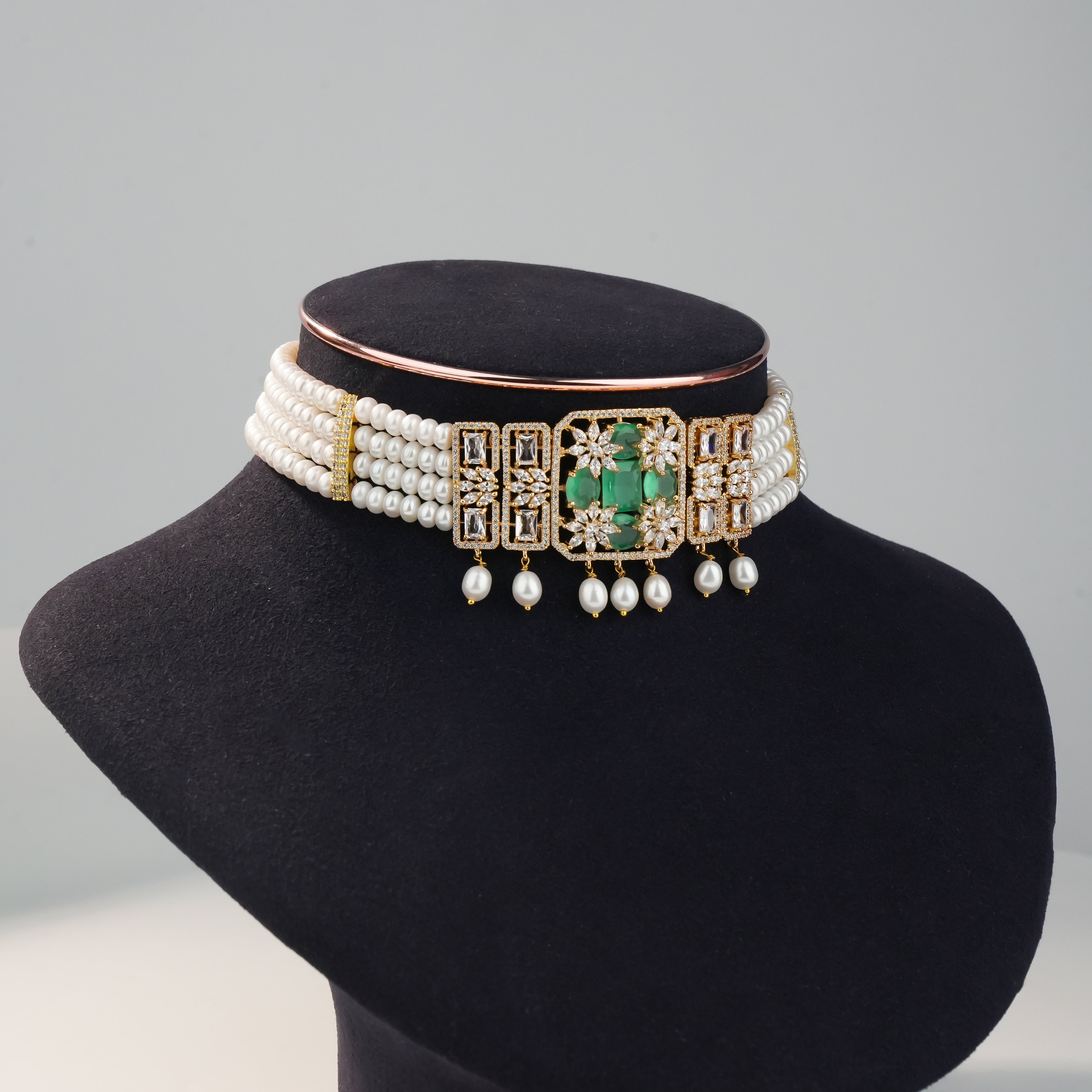 Freshwater Pearl Choker Set with Green Gemstone Centerpiece & Matching Earrings | Bridal Designer Pearl Jewellery