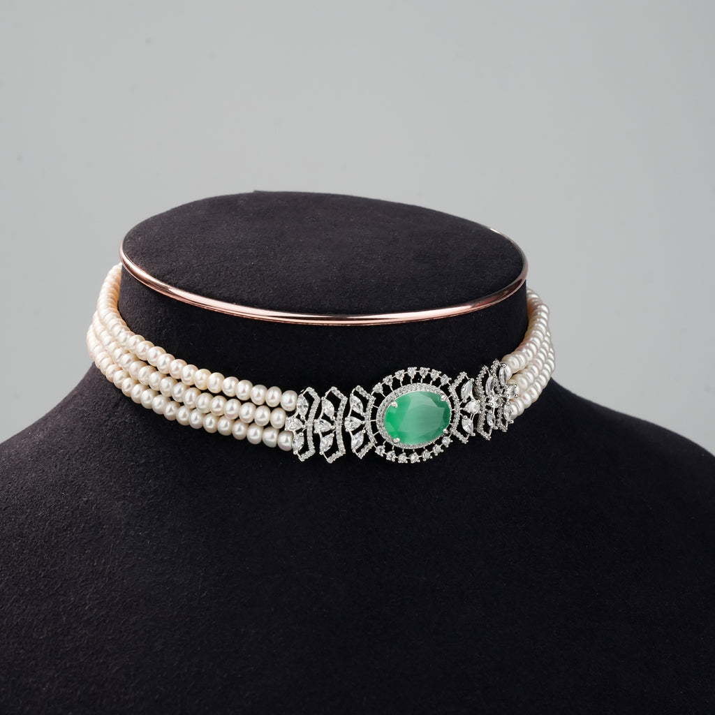 Freshwater Pearl Choker Set with Mint Green Gemstone Centerpiece & Matching Earrings | Elegant Bridal Pearl Jewellery Set