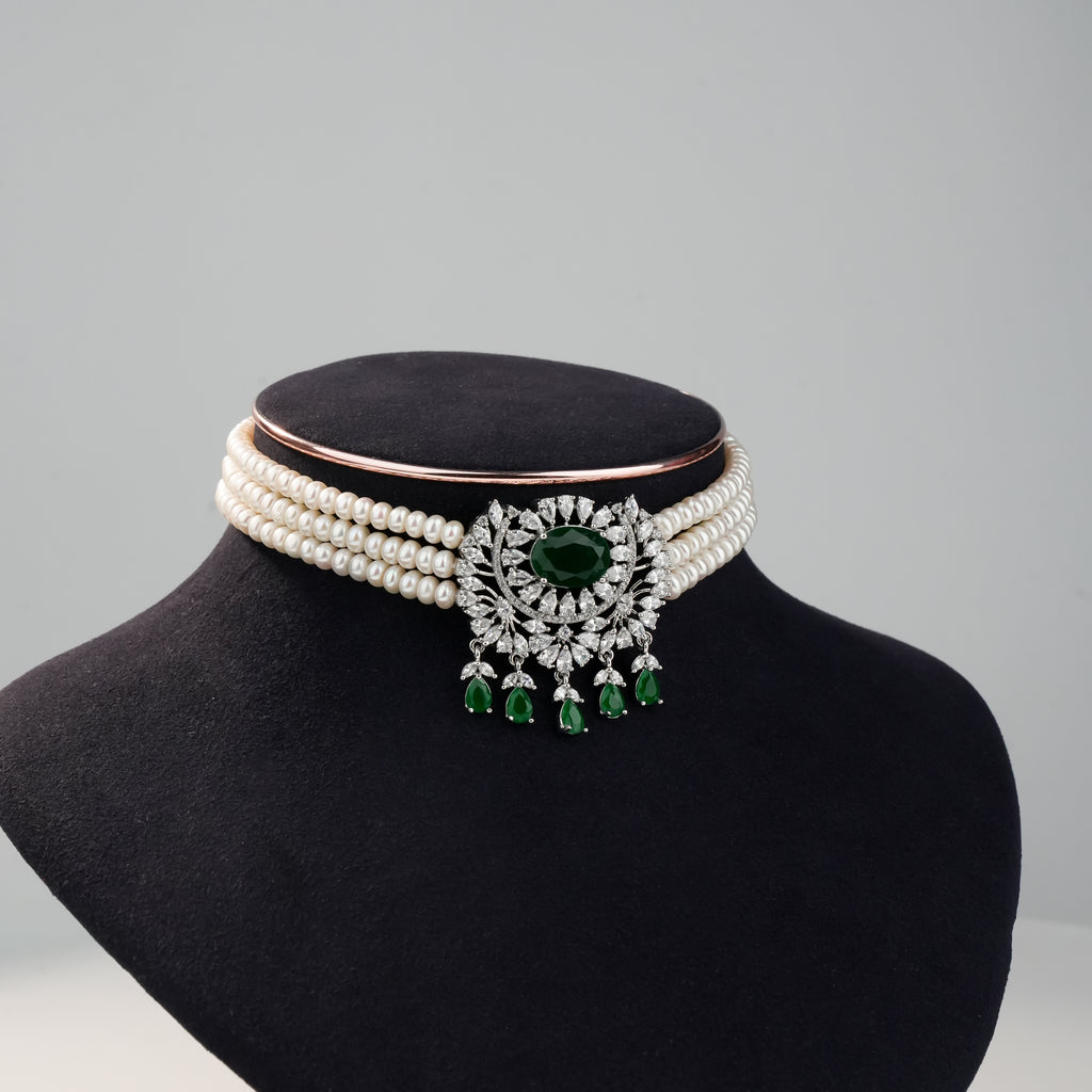 Freshwater Pearl Choker Set with Green Crystal Centerpiece Stone & Matching Earrings | Bridal Statement Pearl Jewellery