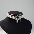Freshwater Pearl Choker Set with Green Crystal Centerpiece Stone & Matching Earrings | Bridal Statement Pearl Jewellery