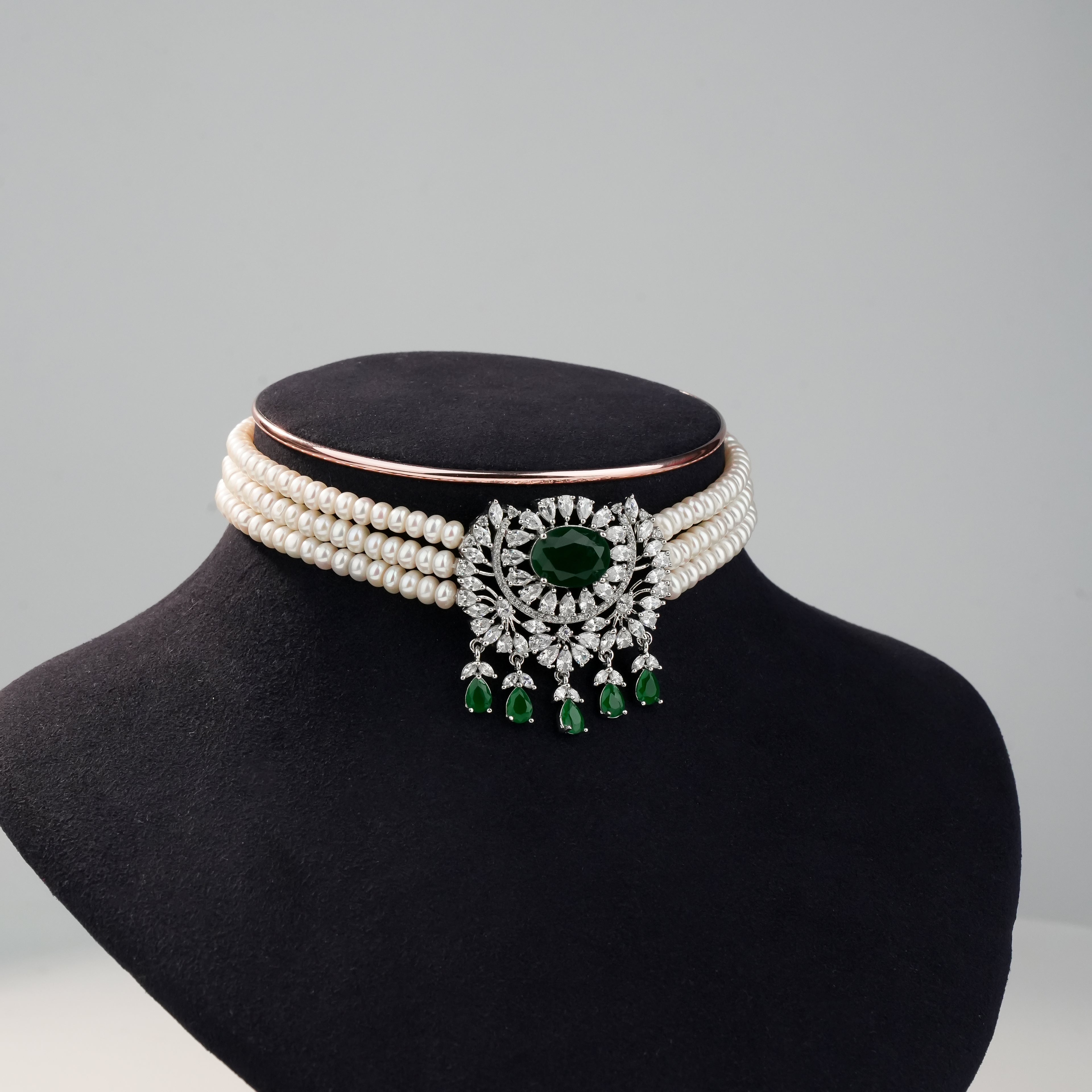 Freshwater Pearl Choker Set with Green Crystal Centerpiece Stone & Matching Earrings | Bridal Statement Pearl Jewellery
