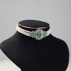 Luxury Freshwater Pearl Choker Set with Green Stone Crystal Centerpiece & Matching Earrings | Designer Bridal Pearl Jewellery Set