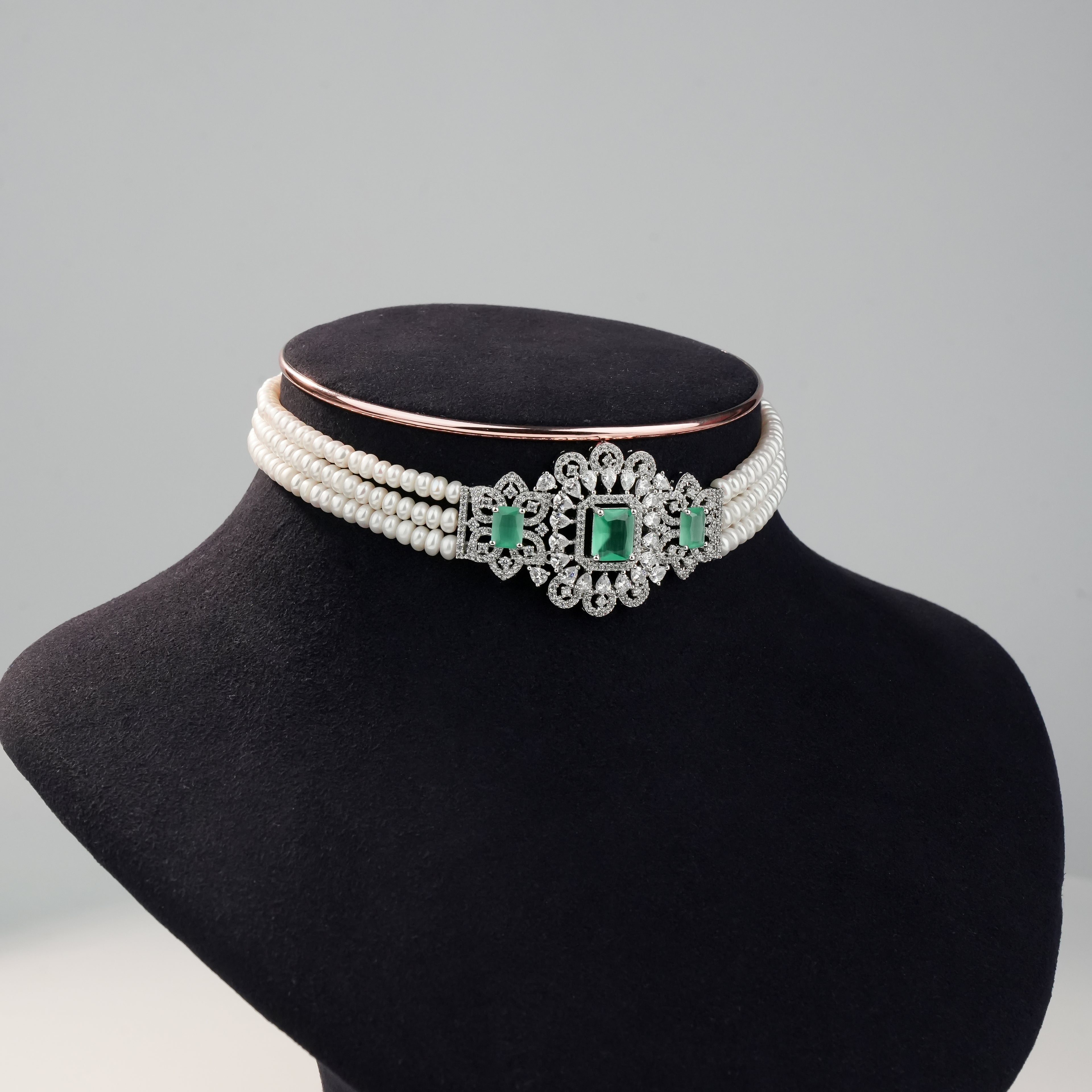 Luxury Freshwater Pearl Choker Set with Green Stone Crystal Centerpiece & Matching Earrings | Designer Bridal Pearl Jewellery Set