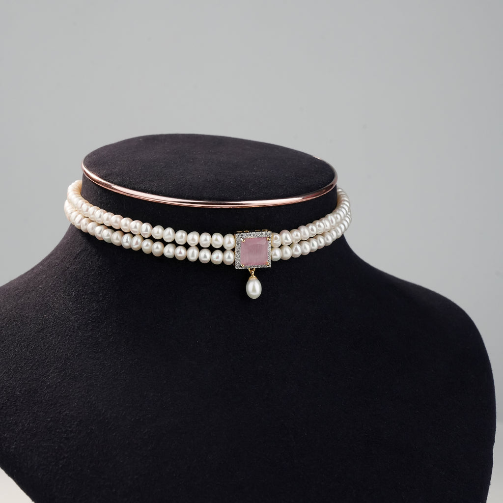 Double Layer Freshwater Pearl Choker Set with Pink Gemstone Accent & Matching Earrings | Bridal Pearl Jewellery Set for Women